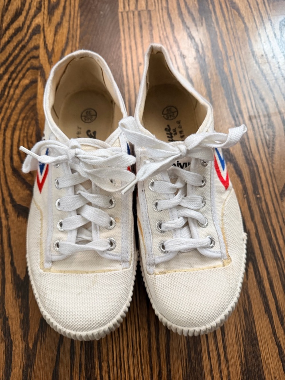 Feiyue White Canvas Sneakers with Red & Blue Trim 39 9